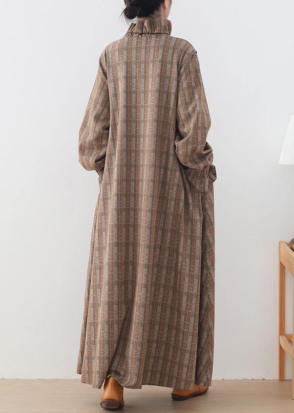 Khaki Plaid Jackets Mid-length Coats Stand Collar Button Down Coat