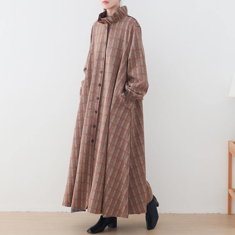 Khaki Plaid Woolen Coats Medium Length Jackets Pockets Button Downwinter Coat