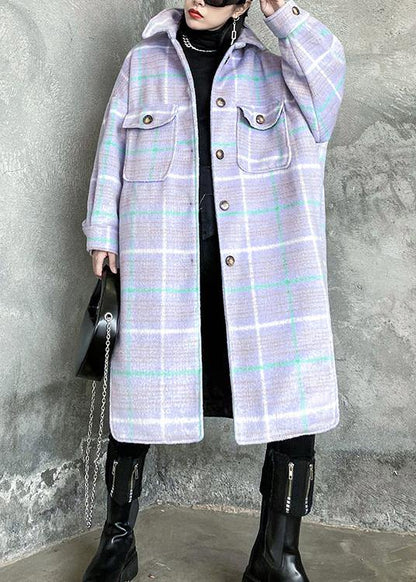 Light Blue Plaid Wool Coat Winter Lapel Asymmetric Coats