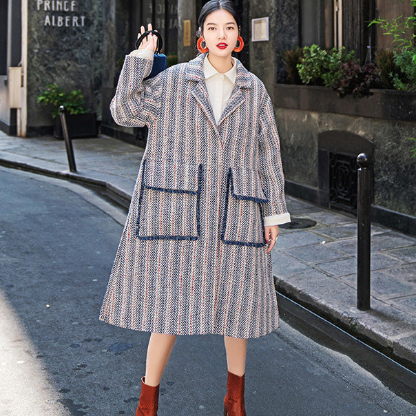 Navy Striped Maxi Coat Pockets Side Open Coats Boutique Notched Maxi Coat