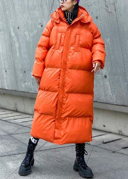 Orange Outwear Oversized Down Jacket Hooded Zippered Overcoat