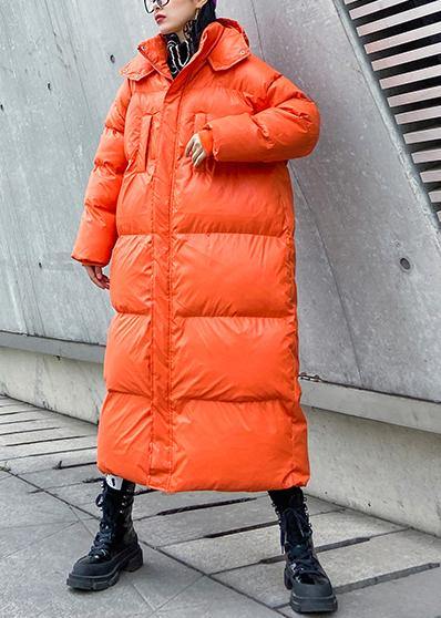 Orange Outwear Oversized Down Jacket Hooded Zippered Overcoat