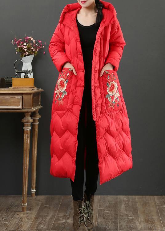 Oversize Down Jacket Coats Red Embroidery Hooded Warm Winter Coat