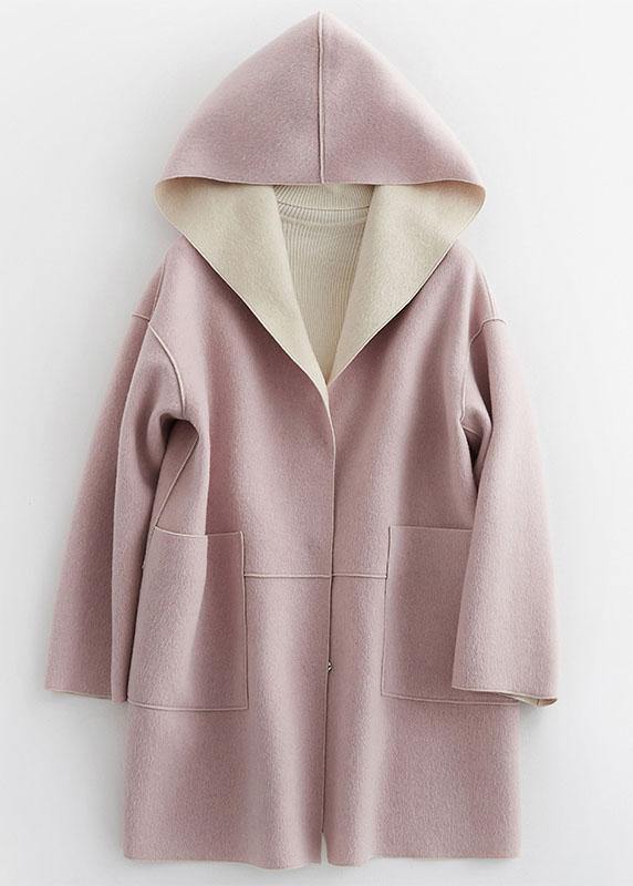 Oversize Winter Coat Hooded Woolen Outwear Pink Pockets Wool Coat