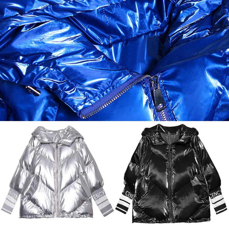 Oversized Winter Jacket Overcoat Blue Print Hooded Zippered Winter Parkas
