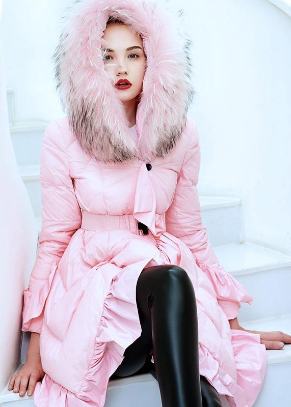 Clothing Down Jacket Tie Waist Jackets Black Ruffles Hem Warm Winter Coat