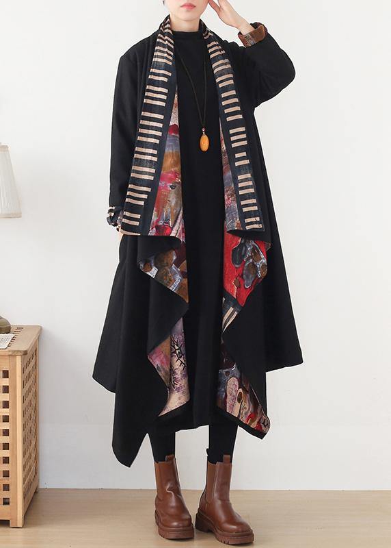 Clothing Medium Length Jackets Spring Outwear Black Red Patnchwork Wool Coat