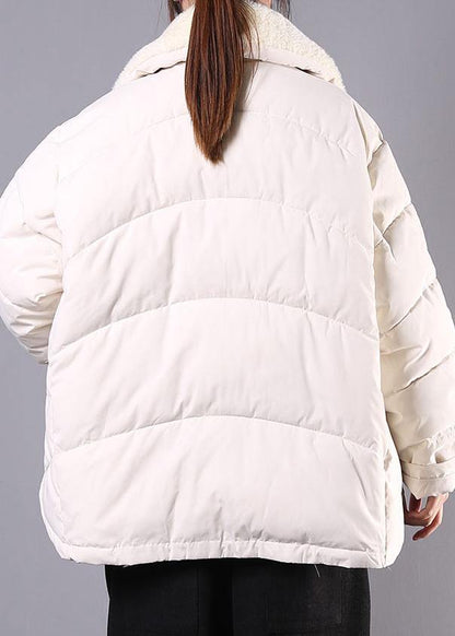 Lapel Winter Outwear Beige Pockets Zippered Parka