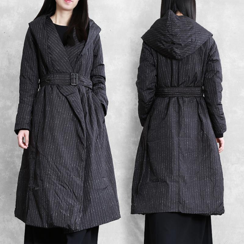 Parka Coats Black Striped Hooded Tie Waist Down Jacket Woman