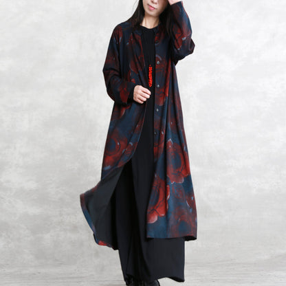 Print Cotton Blended Coat Oversize Pockets Outwear Long Sleeve Baggy Trench Coat