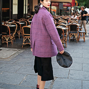 Purple Plaid Coats Notched Wool Coat New Pockets Back Side Open Coat