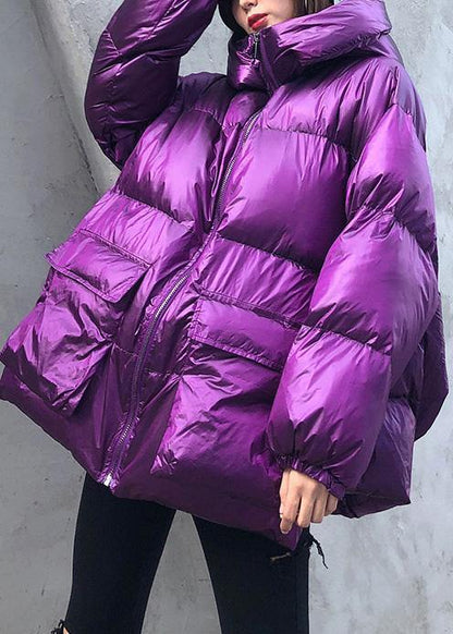 Purple Down Jacket Woman Clothing Winter Jacket Hooded Zippered Coats