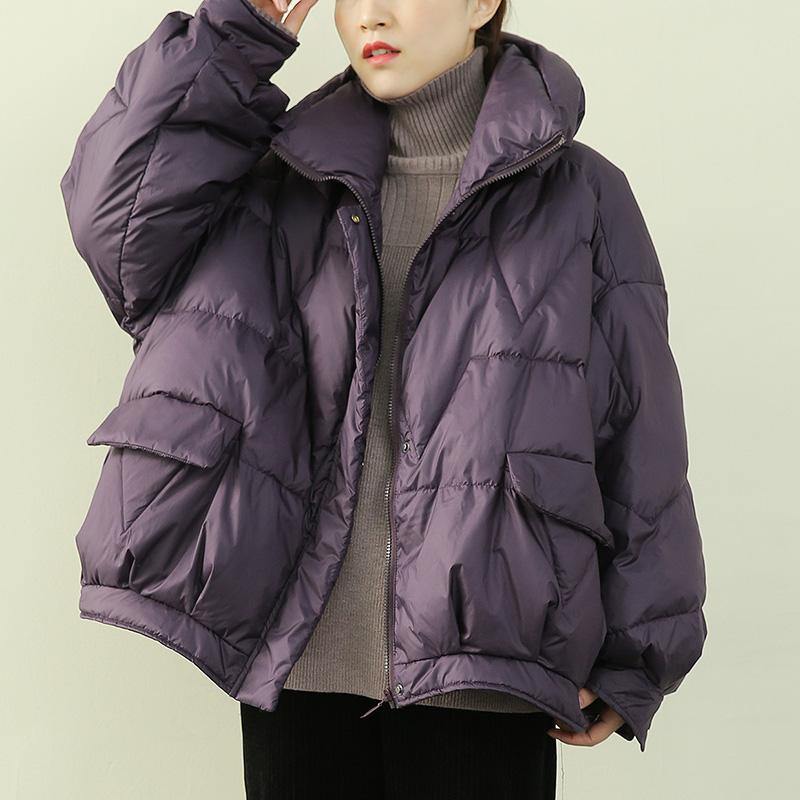Purple Warm Winter Coat Snow Stand Collar Zippered Fine Outwear