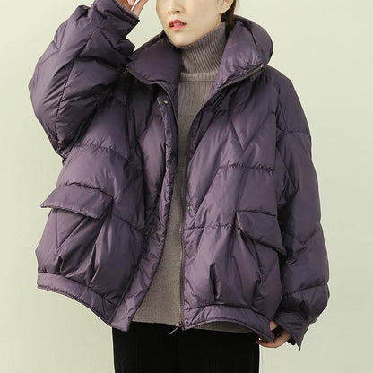Purple Warm Winter Coat Snow Stand Collar Zippered Fine Outwear