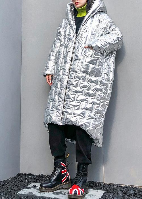 Silver Parkas for Loose Fitting Hooded Zippered Coats