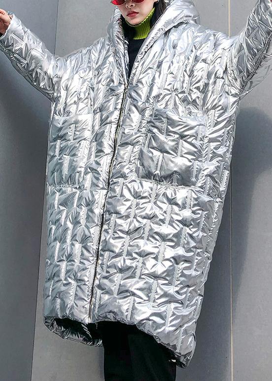 Silver Parkas for Loose Fitting Hooded Zippered Coats