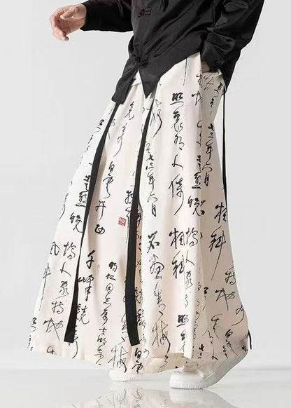 Chinese Style Beige Ancient Text Printed Loose Wide Leg Pants