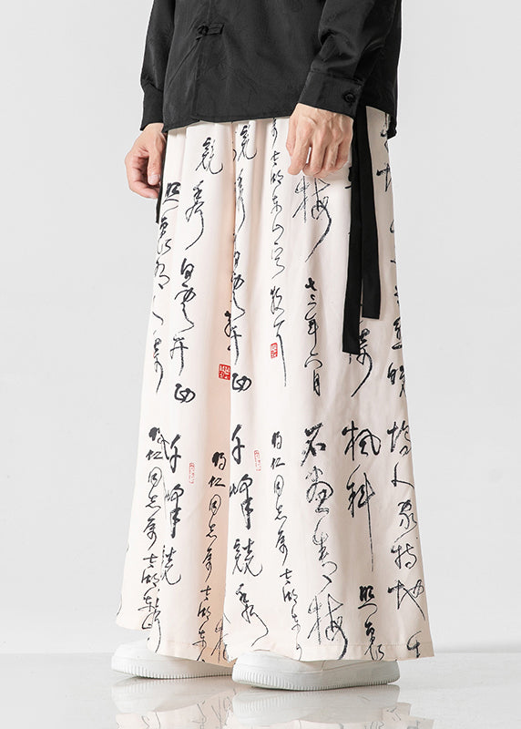 Chinese Style Beige Ancient Text Printed Loose Wide Leg Pants