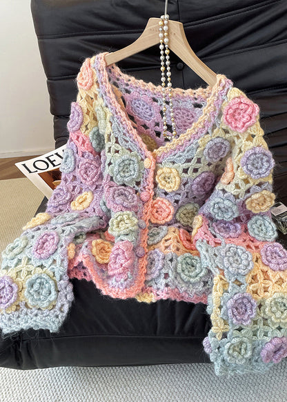Mixed Color Decorated Hollow Out Knit Cardigans Fall