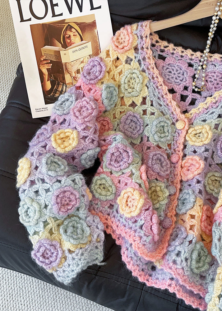 Mixed Color Decorated Hollow Out Knit Cardigans Fall
