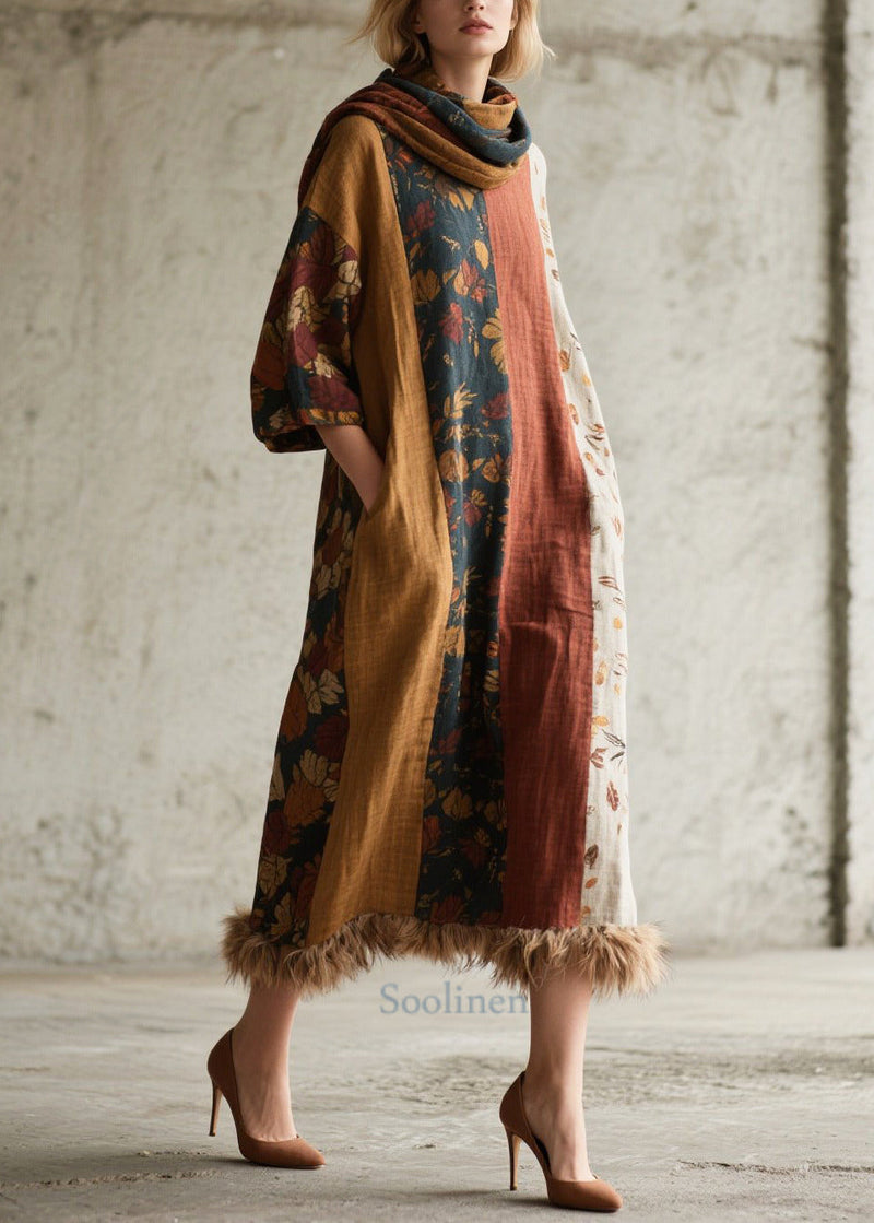 Mixed Color Patchwork Faux Fur Ankle Dress Oversized Fall