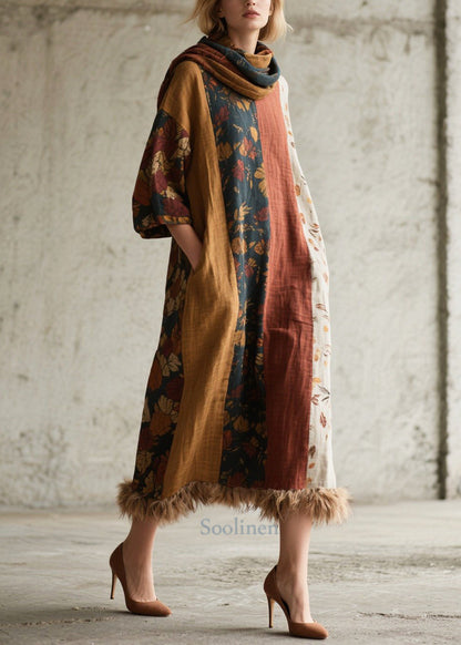 Mixed Color Patchwork Faux Fur Ankle Dress Oversized Fall
