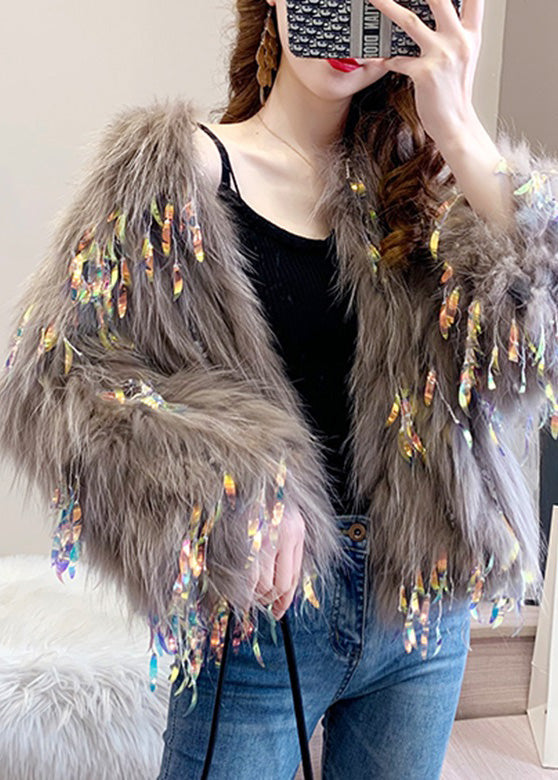 Mocha Color Faux Fur Collar Sequins Leather and Fur Coats Winter