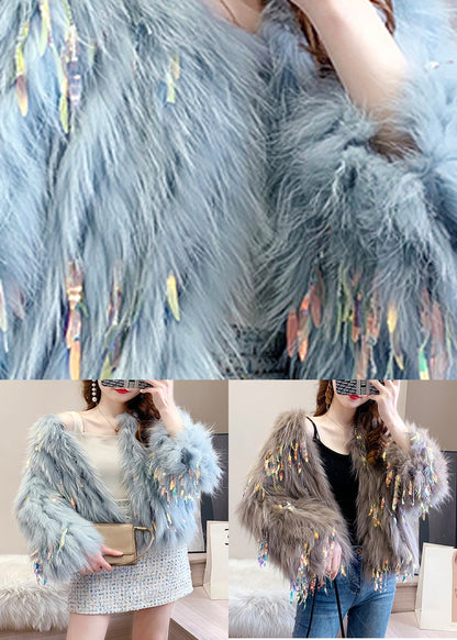 Mocha Color Faux Fur Collar Sequins Leather and Fur Coats Winter