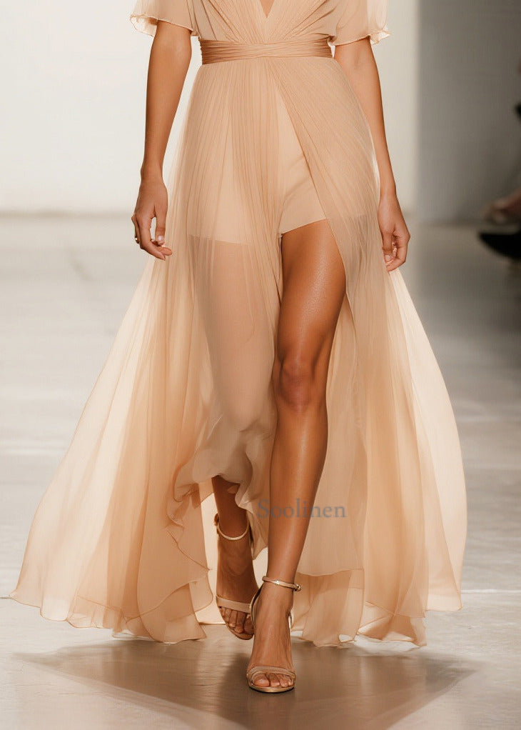 Modern Apricot Exra Large Hem Sheer Tulle Vestidos Dress Summer