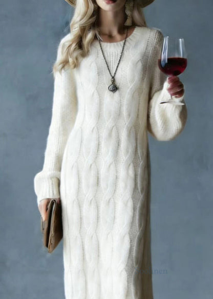 Modern Apricot O Neck Cozy Warm Knit Sweater Dress Spring