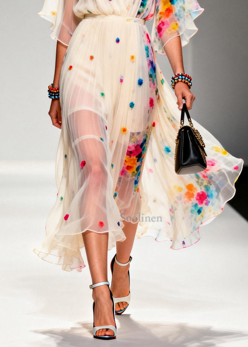 Modern Apricot V Neck Patchwork Chiffon Ankle Dress Summer
