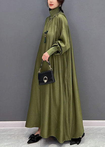 Modern Army Green High Neck Oversized Color Silk Dress Fall