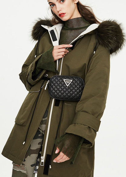 Modern Army Green Fur Collar Pockets Tie Waist Winter Duck Down Puffer Coat