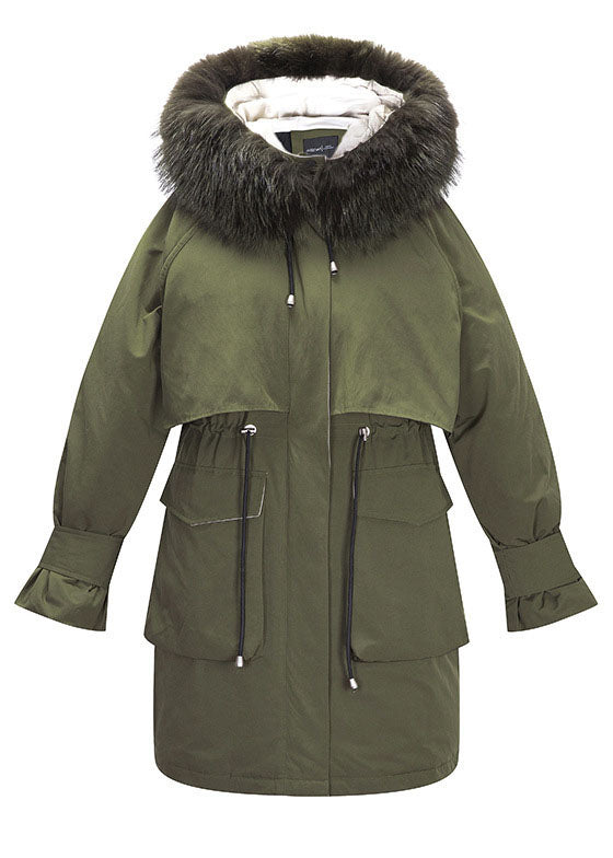 Modern Army Green Fur Collar Pockets Tie Waist Winter Duck Down Puffer Coat