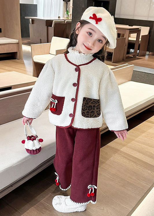 Modern Beige O-neck Patchwork Button Pockets Faux Fur Kids Top and Pants Two Pieces Set Winter
