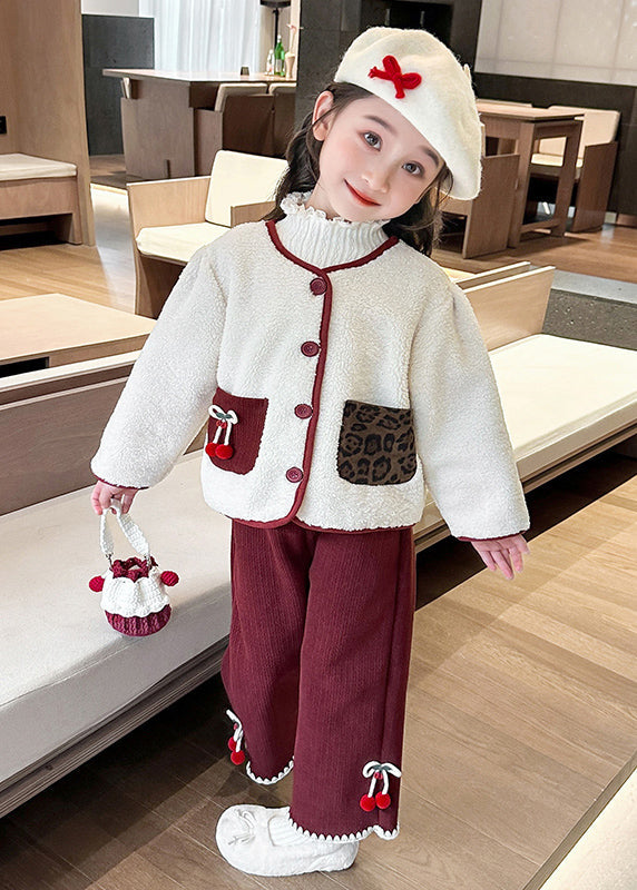 Modern Beige O-neck Patchwork Button Pockets Faux Fur Kids Top and Pants Two Pieces Set Winter
