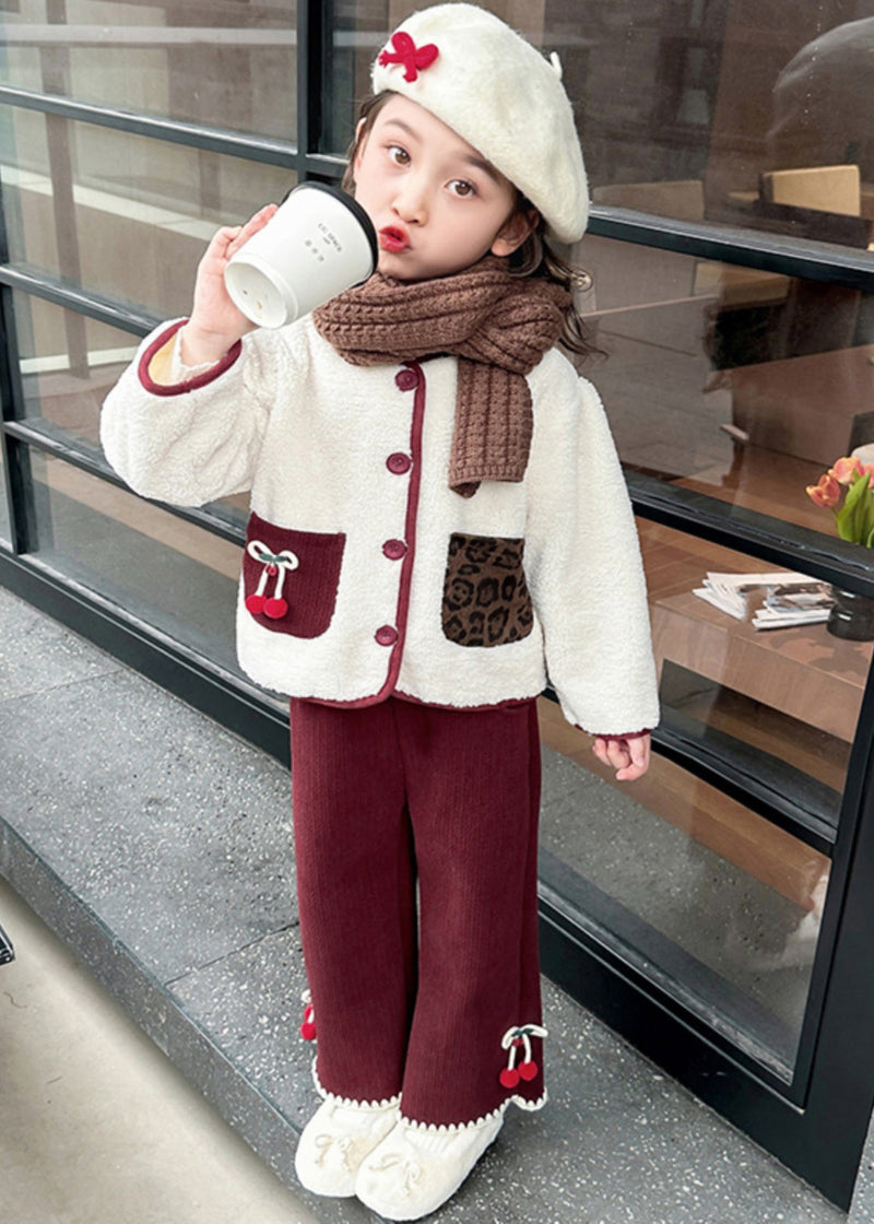 Modern Beige O-neck Patchwork Button Pockets Faux Fur Kids Top and Pants Two Pieces Set Winter