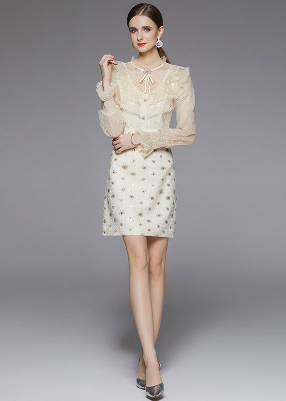Modern Beige O-neck Ruffles Patchwork Tulle Woolen Mid Dress Fall