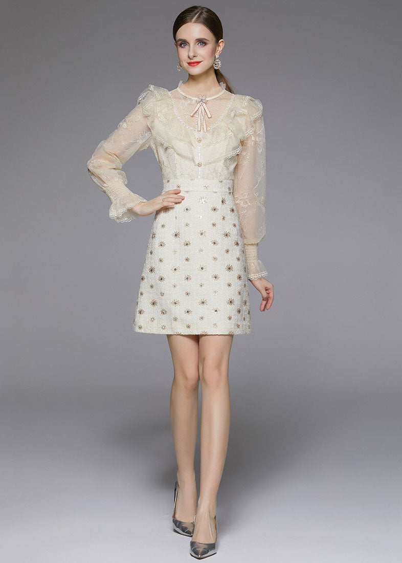Modern Beige O-neck Ruffles Patchwork Tulle Woolen Mid Dress Fall