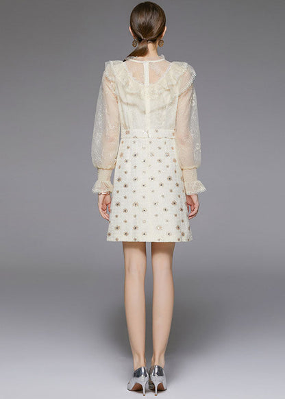 Modern Beige O-neck Ruffles Patchwork Tulle Woolen Mid Dress Fall