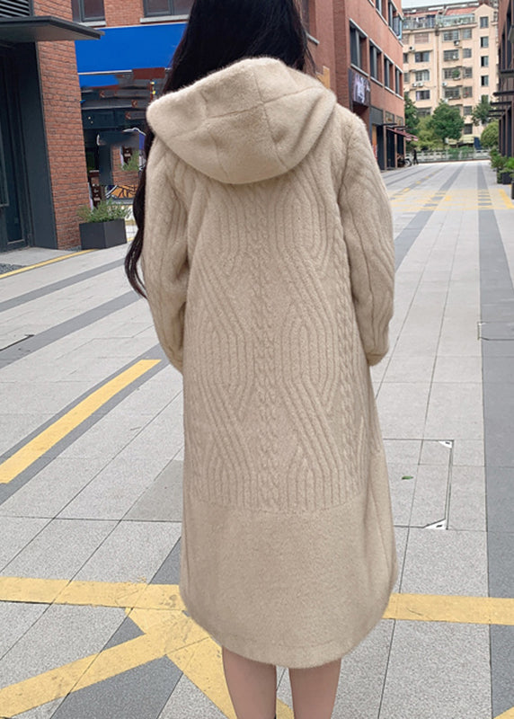 Modern Beige Patchwork Button Leather and Fur Maxi Hoodie Coat Spring