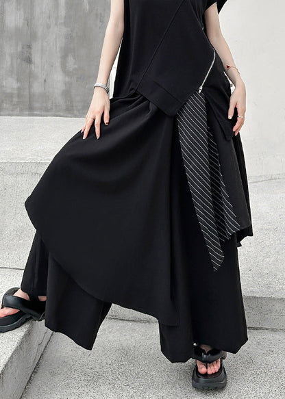Modern Black Asymmetrical Pocketspatchwork Cotton Wide Leg Pants Fall