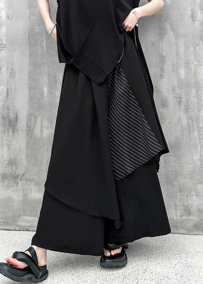 Modern Black Asymmetrical Pocketspatchwork Cotton Wide Leg Pants Fall