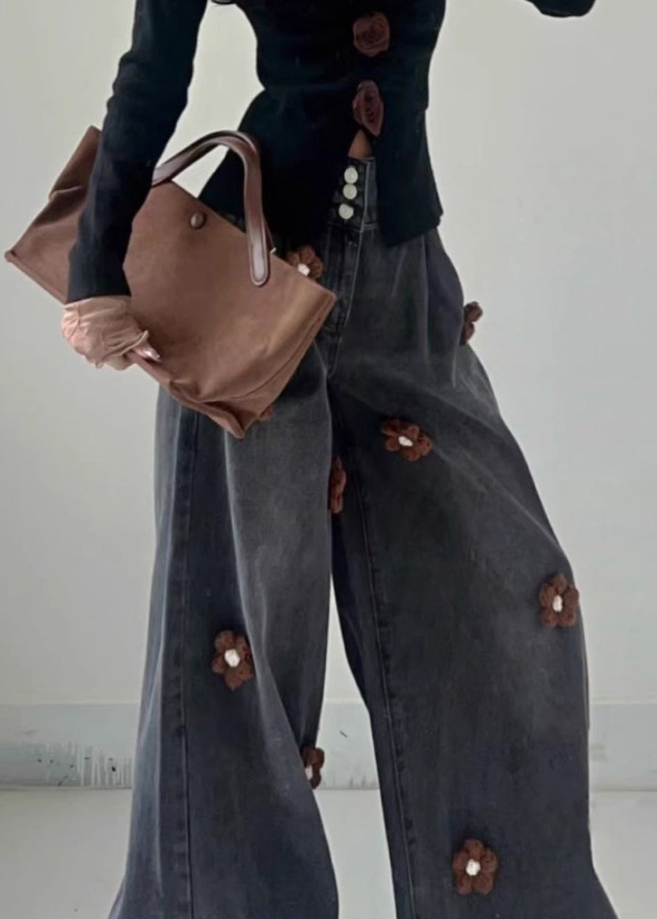 Modern Black Button High Waist Denim Wide Leg Pants Fall