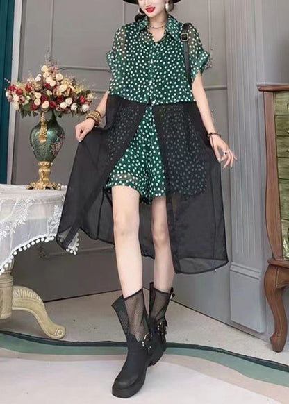 Modern Black Dot Print Tulle Patchwork Long Shirt and Shorts Two Pieces Set Short Sleeve