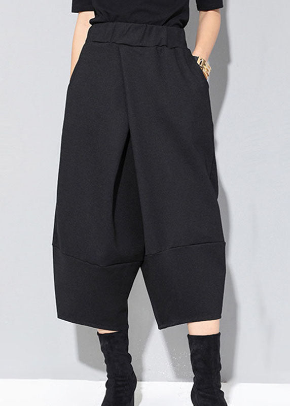 Modern Black Elastic Waist Patchwork Pockets Fall Wide Leg Pants