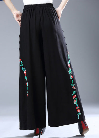 Modern Black Embroideried Elastic Waist Wide Leg Pants Fall