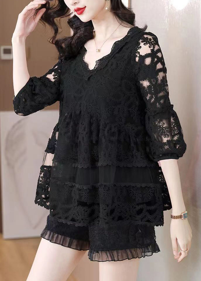 Modern Black Embroideried Patchwork Tulle a Line Tops Bracelet Sleeve