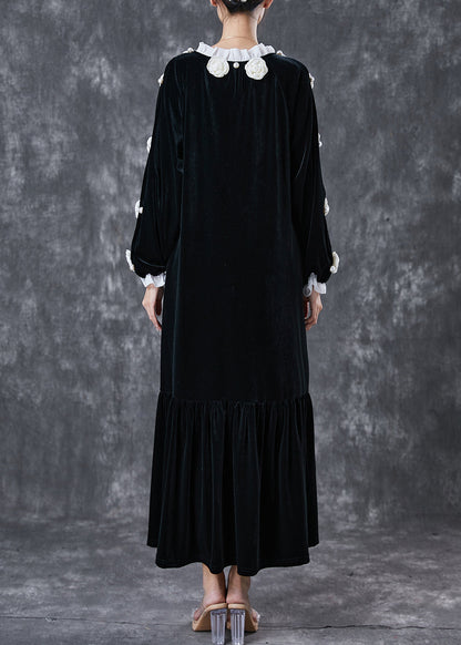 Modern Black Lace Up Silk Velour Maxi Dress Spring