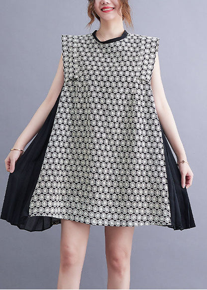 Modern Black O-neck Chiffon Patchwork Print Cotton a Line Dress Sleeveless